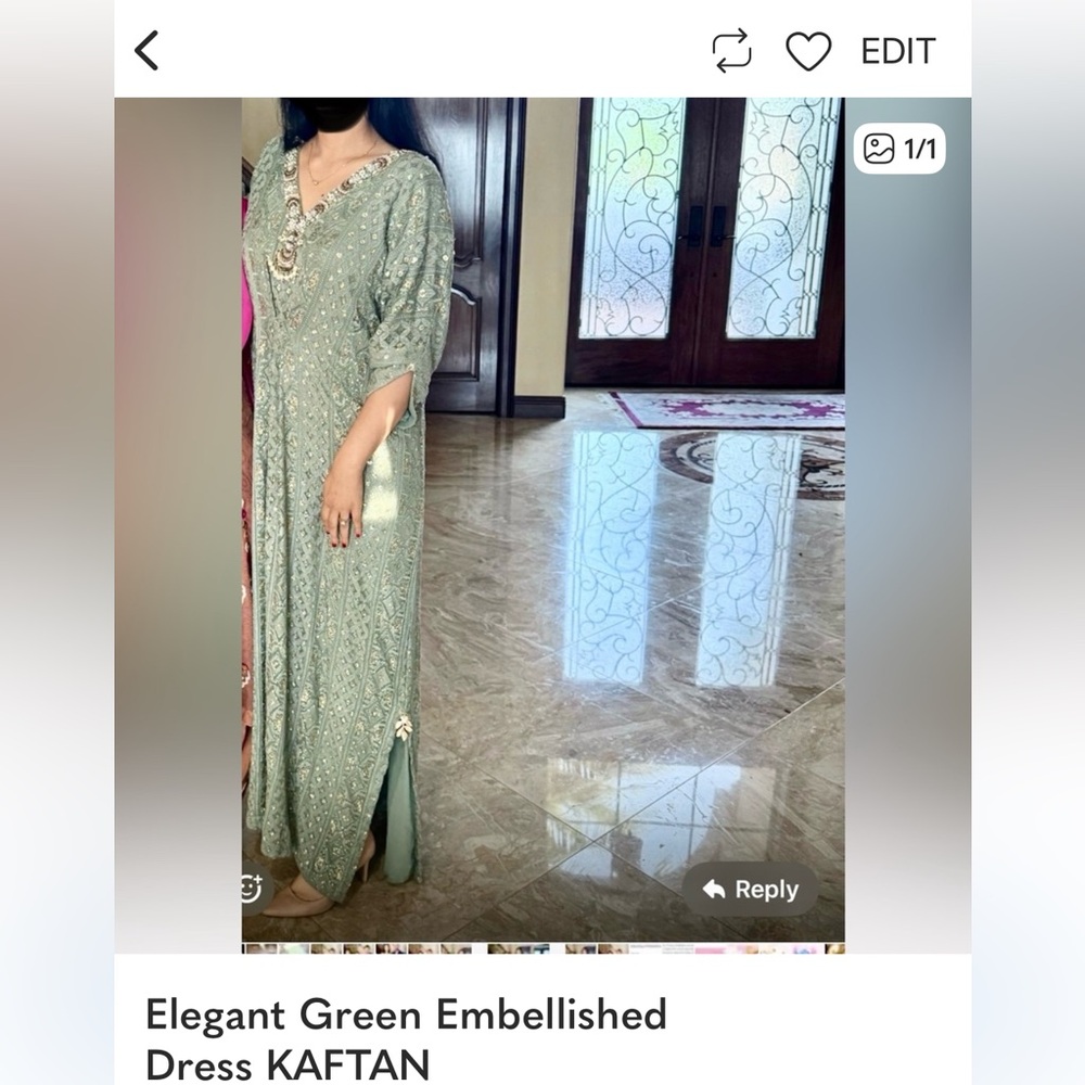 Elegant Green Embellished Kaftan Dress